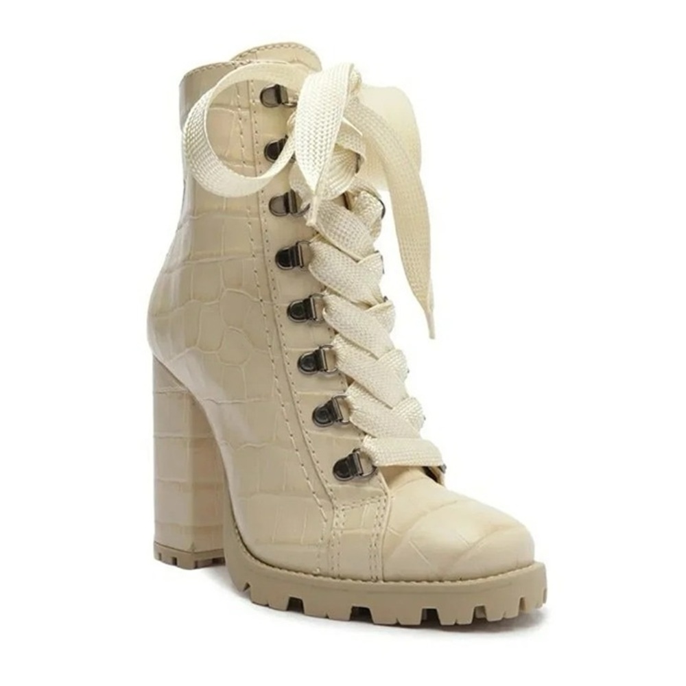 Schutz Beige Croc-Embossed Lace-Up Heeled Combat Boots Size 8.5 NWT